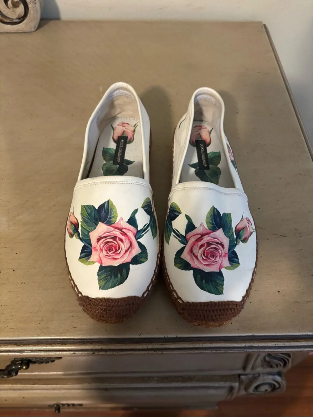 Dolce & Gabbana White Espadrilles with Pink Rose Print